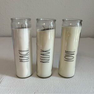 NEW RAE DUNN Scented Glass 8” Ivory Candles Peace Relax Love Set Of 3 Home Decor